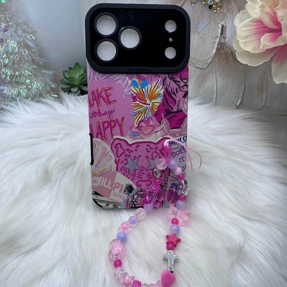 Vibrant Pink Tiger Graphic Themed iPhone 17 Pro Max Case with pink Beaded Strap